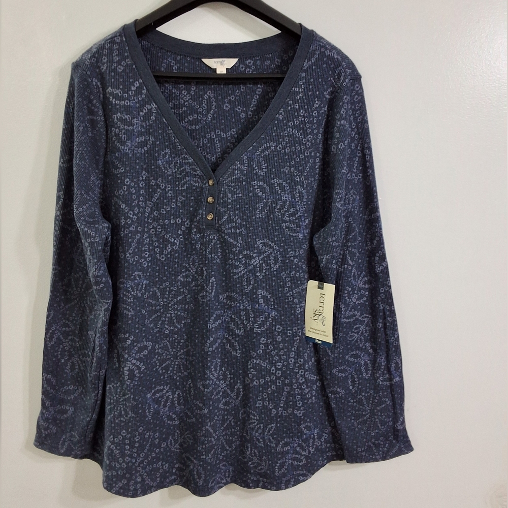 Women's Dark Navy Blue Waffle Henley V Neck Tee, Size 2X(20W-22W), New With Tag